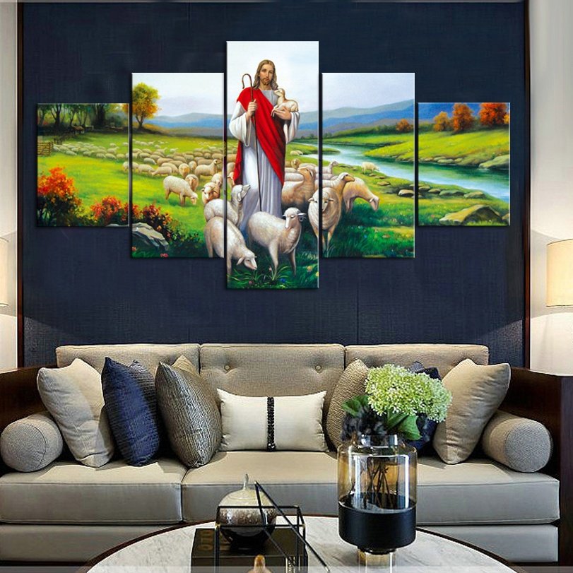 Home Decor Canvas 5 Pieces Wall Art Jesus And Sheep - Image 2