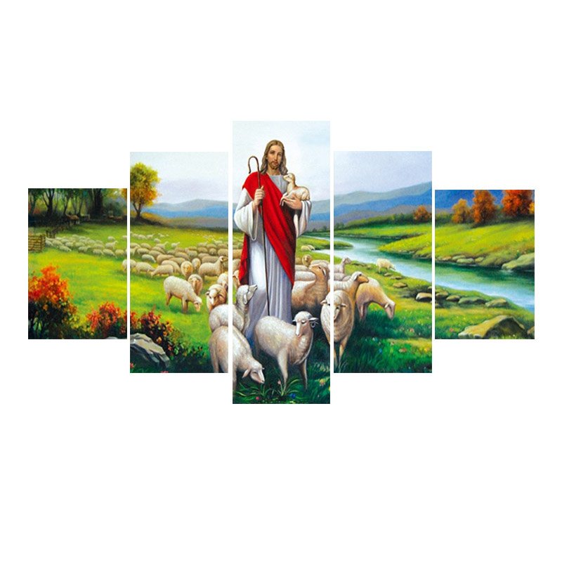 Home Decor Canvas 5 Pieces Wall Art Jesus And Sheep - Image 3