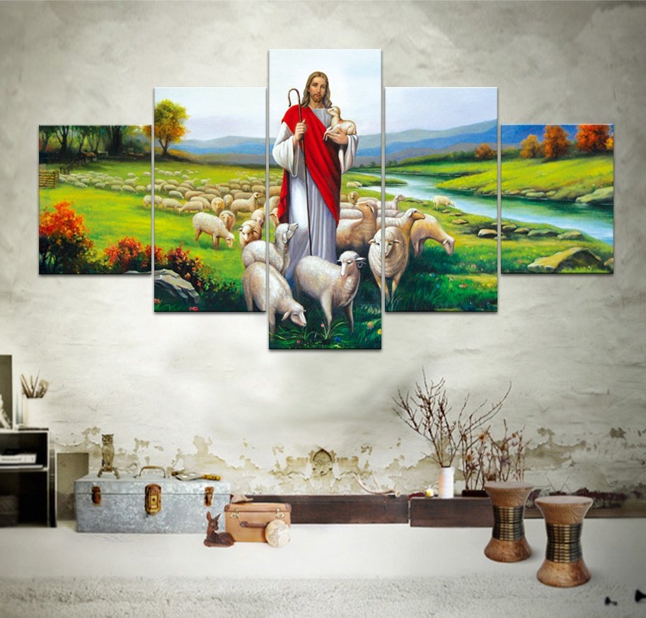 Home Decor Canvas 5 Pieces Wall Art Jesus And Sheep - Image 4