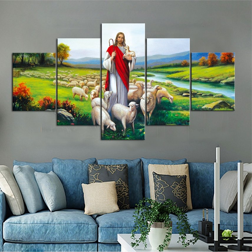 Home Decor Canvas 5 Pieces Wall Art Jesus And Sheep - Image 5