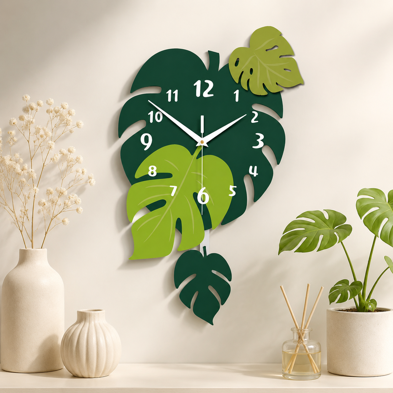 Acrylic Leaf Wall Clock Tropical Decorative Home Decor - Image 4