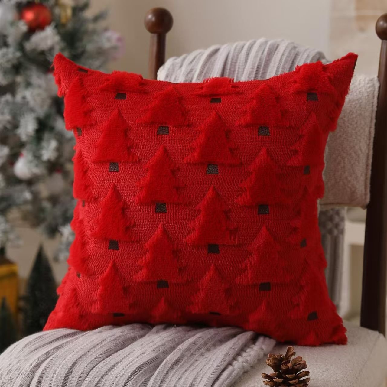 Christmas Tree Throw Pillow Cover 3D Plush Pine Tree Decorative Cushion Case, Farmhouse Winter Holiday Pillowcase For Sofa Couch Xmas Home Decor - Image 2